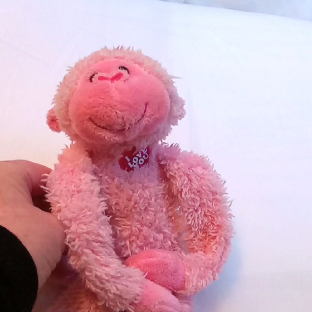 NEW - DOG TOY - PINK "I LOVE YOU " MONKEY WITH ADJUSTABLE HANDS